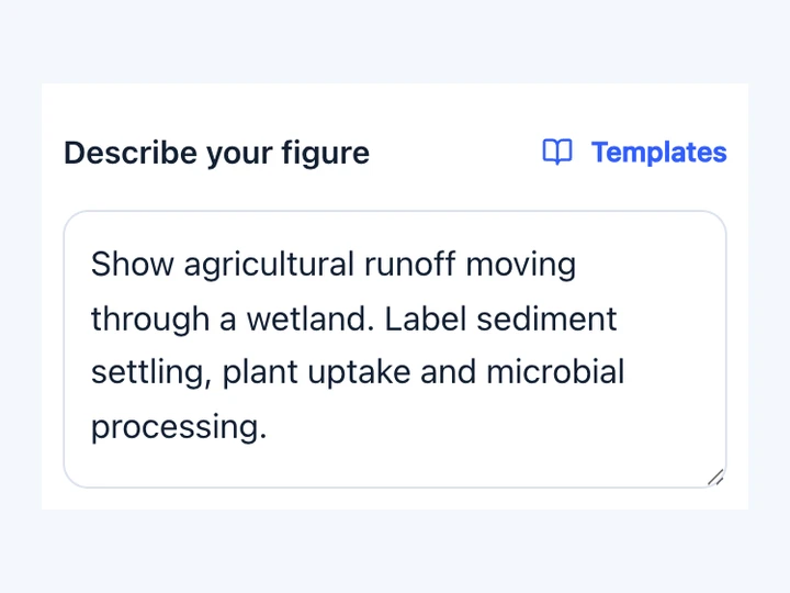 Studio prompt describing sediment settling, plant uptake and microbial processing in a wetland.