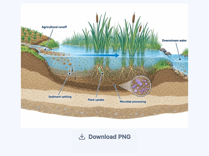 A wetland water-purification illustration with the Download PNG control.