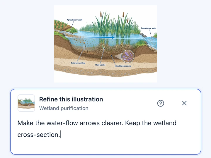 Wetland illustration with an example revision request to clarify the flow arrows.